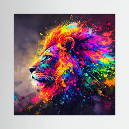 Quadratisches Leinwandbild auf Keilrahmen: farbiges Löwenporträt im Pop-Art-Stil.