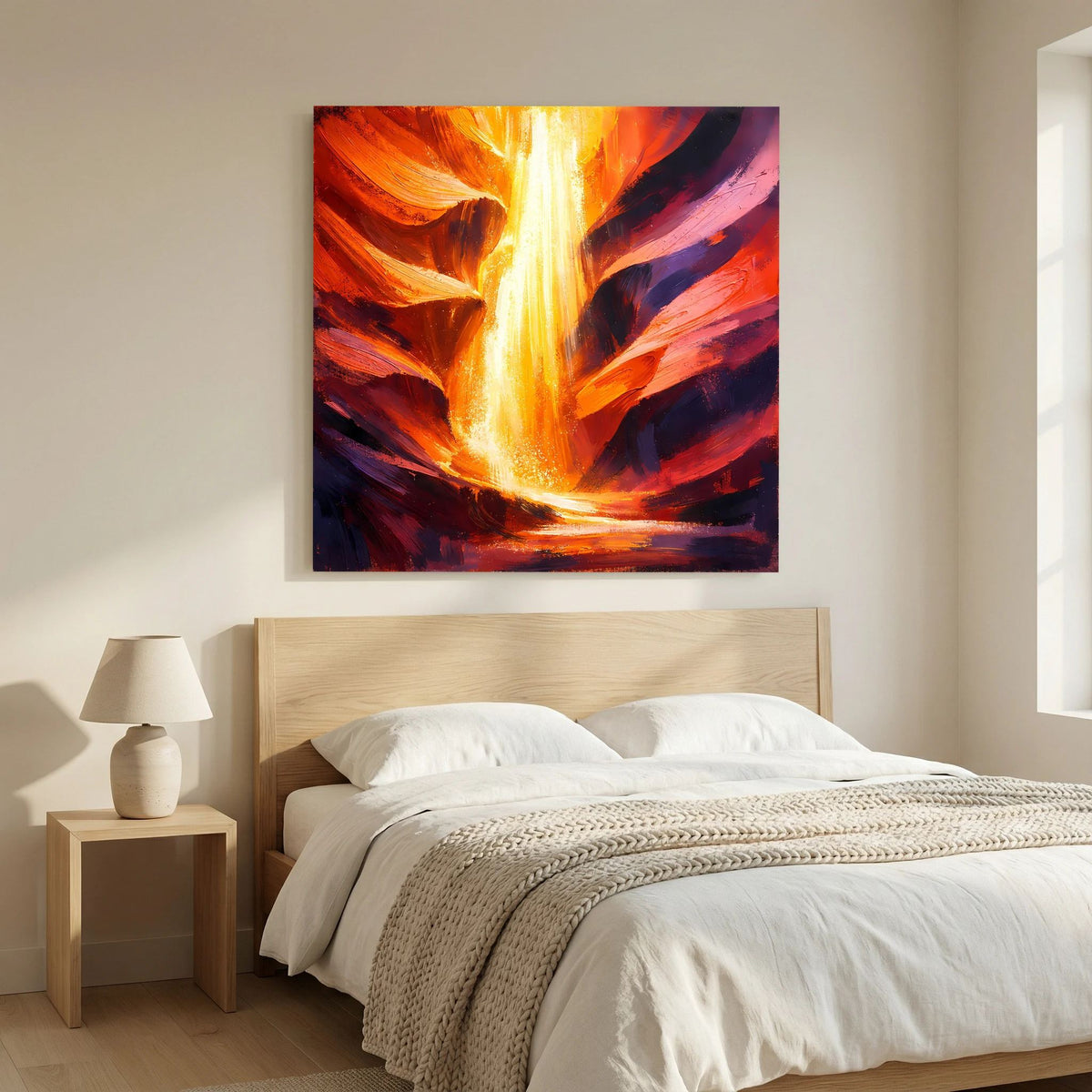 Leinwand-Wandbild: leuchtender Schlundeffekt in warmem Orange und Gelb, dunkle Blautöne