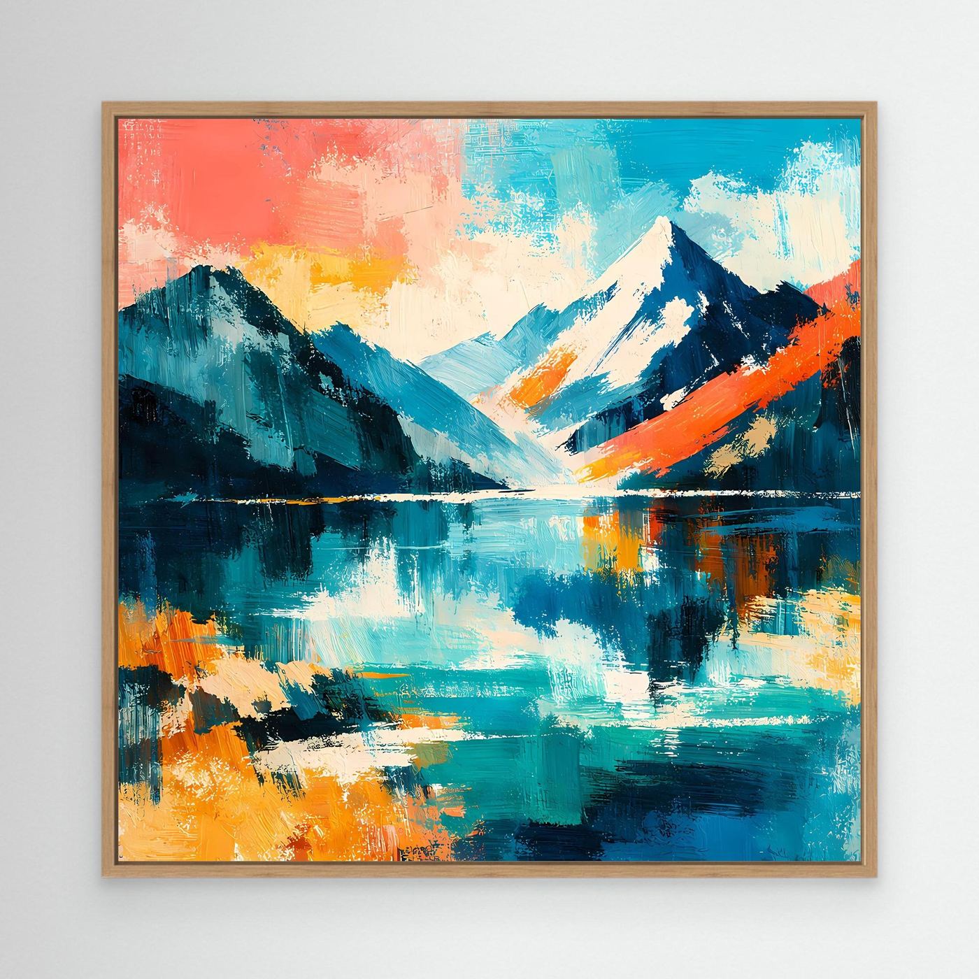 Leinwand-Wandbild mit Eichenrahmen, abstrakte Bergwelt am See in Blau und Orange