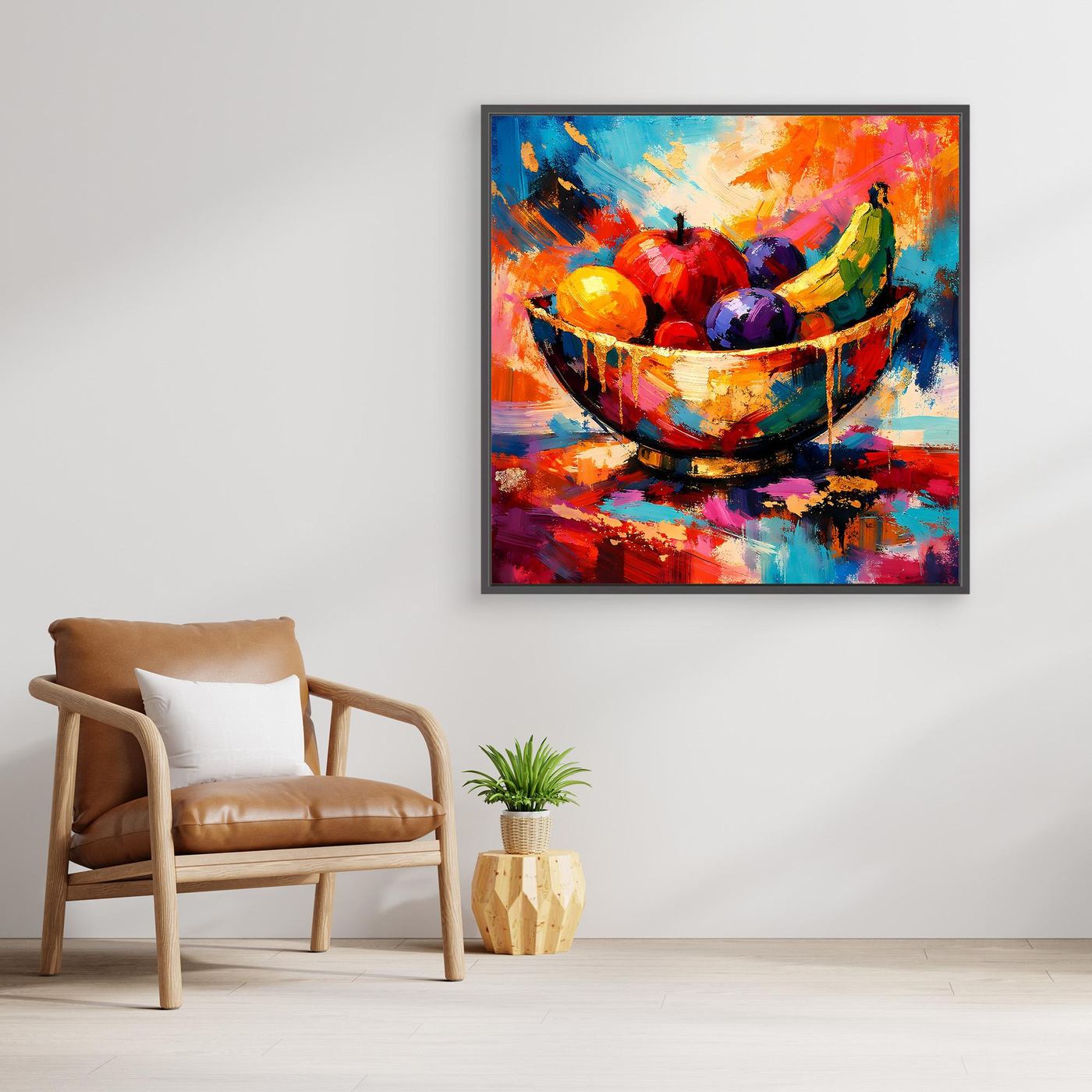 Quadratisches Leinwandbild mit Obstschale, abstraktes Stillleben mit klaren Farbkanten