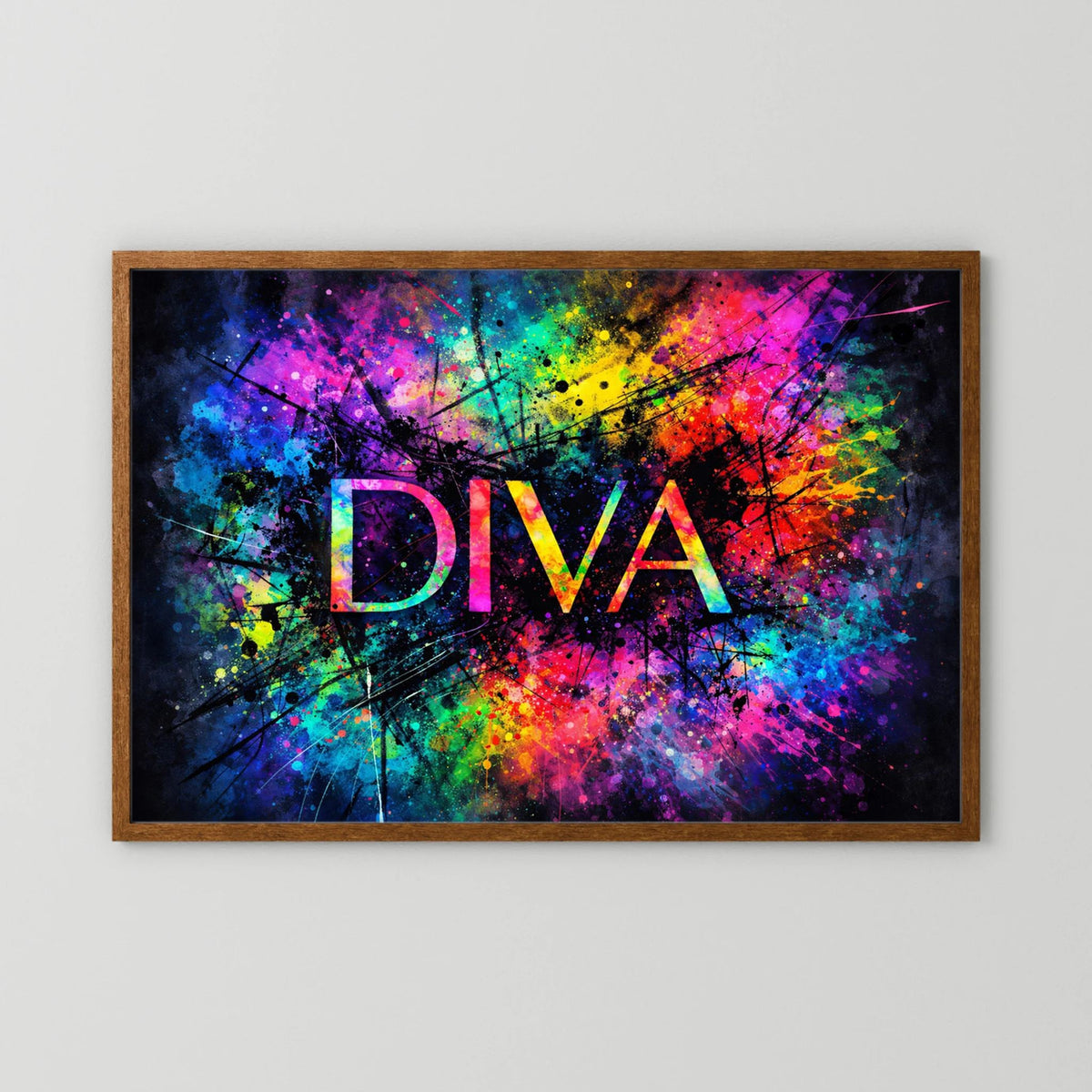 Wandbild „DIVA“ im Holzrahmen mit abstraktem Neon-Farbdesign, querformatig