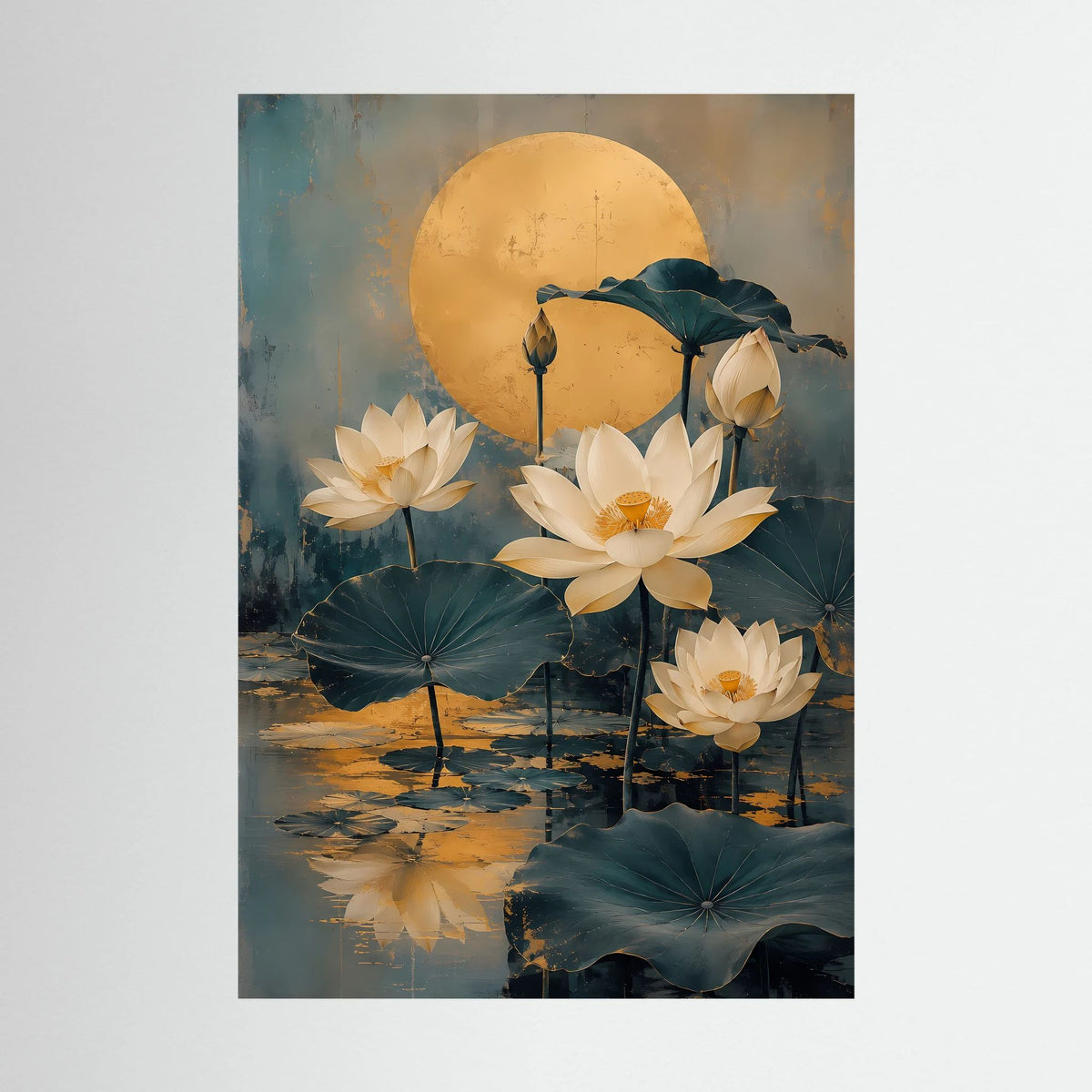 Hochformat-Poster mit weißen Lotusblüten, goldener Mondsichel und grünen Seerosen