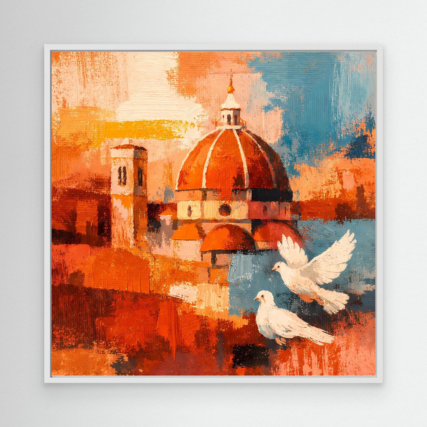 Abstraktes Wandbild mit Florenz-Dom und weißen Tauben, Leinwand mit weißem Rahmen
