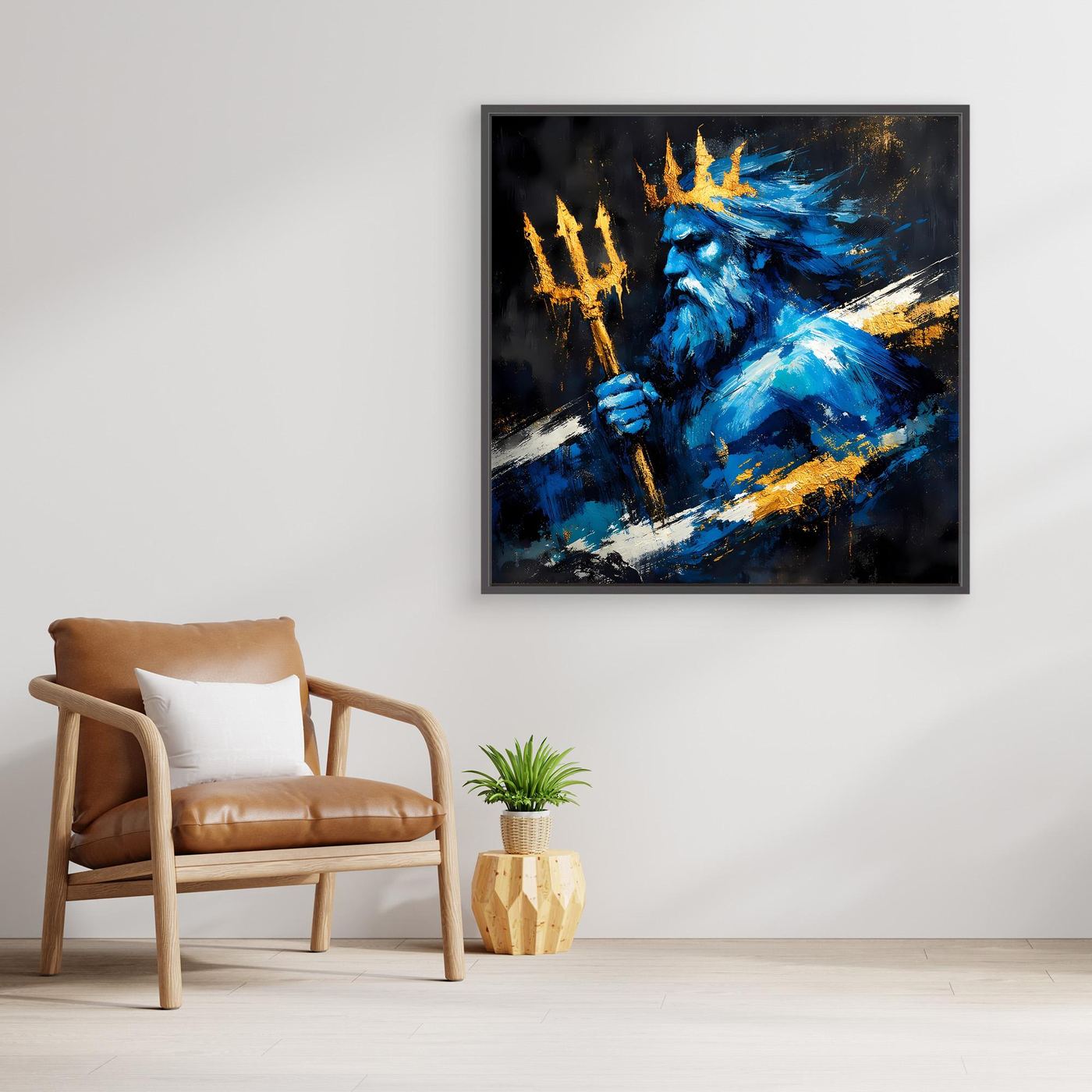 Leinwand Poseidon Gott des Meeres | Abstraktes Mythologie Wandbild Blau Gold