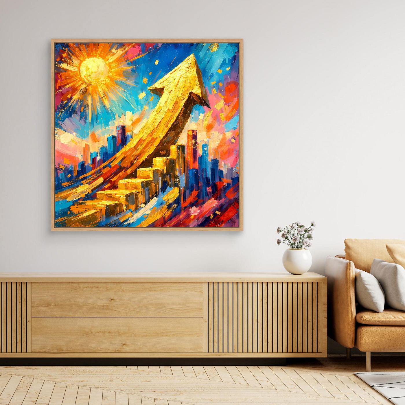 Gerahmtes Leinwandbild mit abstrakter Skyline, goldenem Pfeil und farbigen Lichtimpulsen