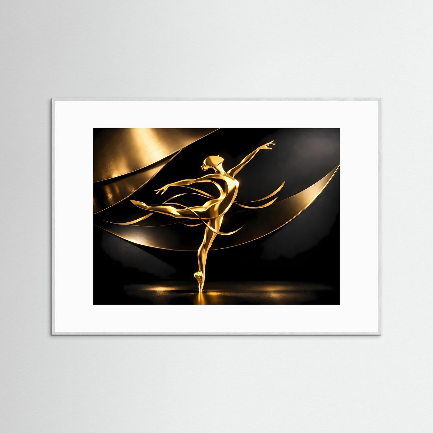 Wandbild mit goldener Ballerina-Skulptur in schwarzer Komposition, weißer Holzrahmen
