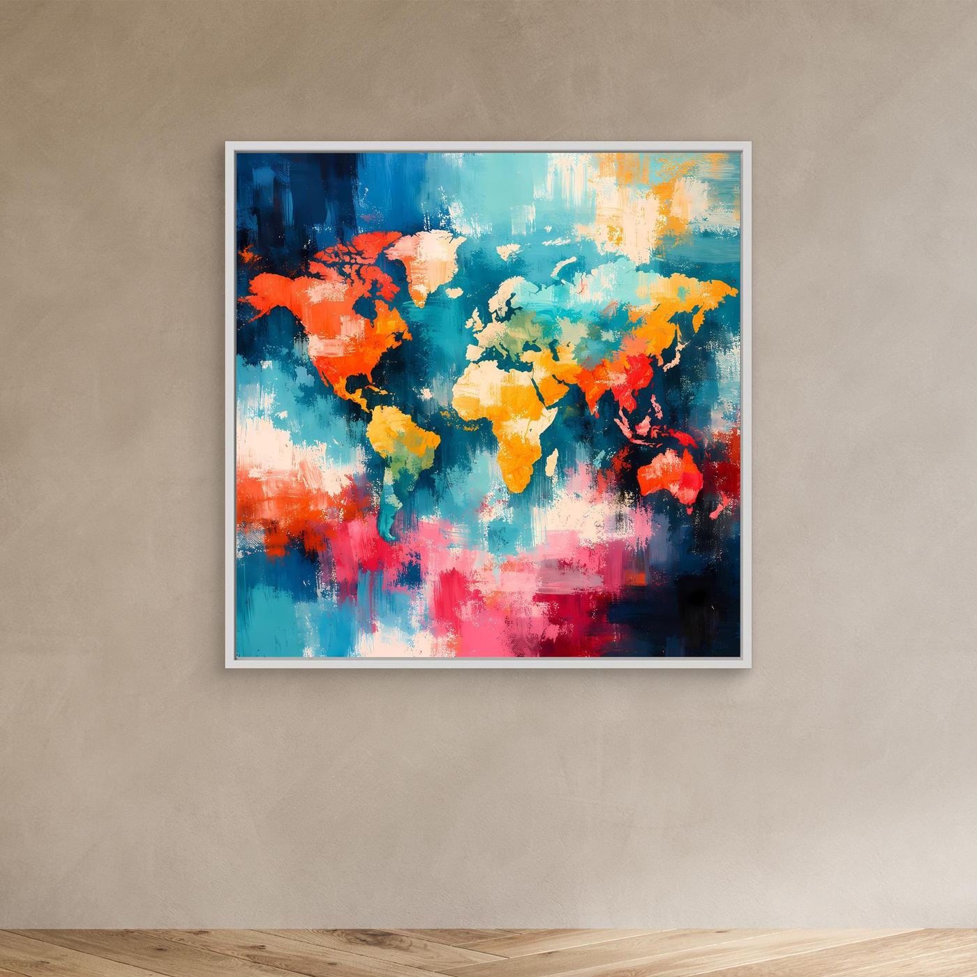 Abstract world map canvas with colorful brushstroke continents and white frame