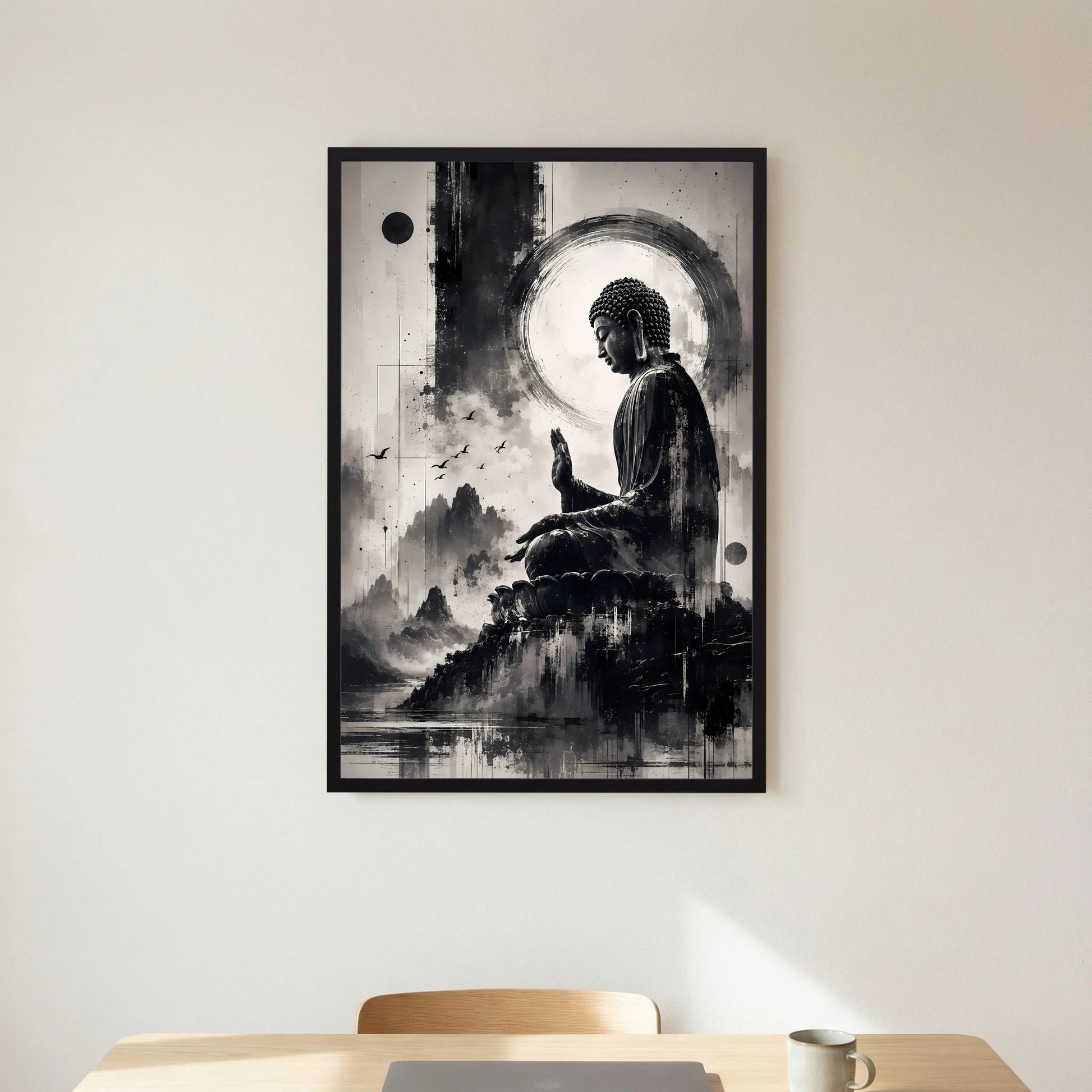 Poster mit Buddha-Motiv, Schwarzweiß, im schwarzen Rahmen