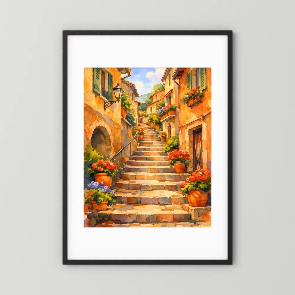 Wandbild im Hochformat: mediterrane Gasse mit Treppe und Blumen, schwarzer Rahmen