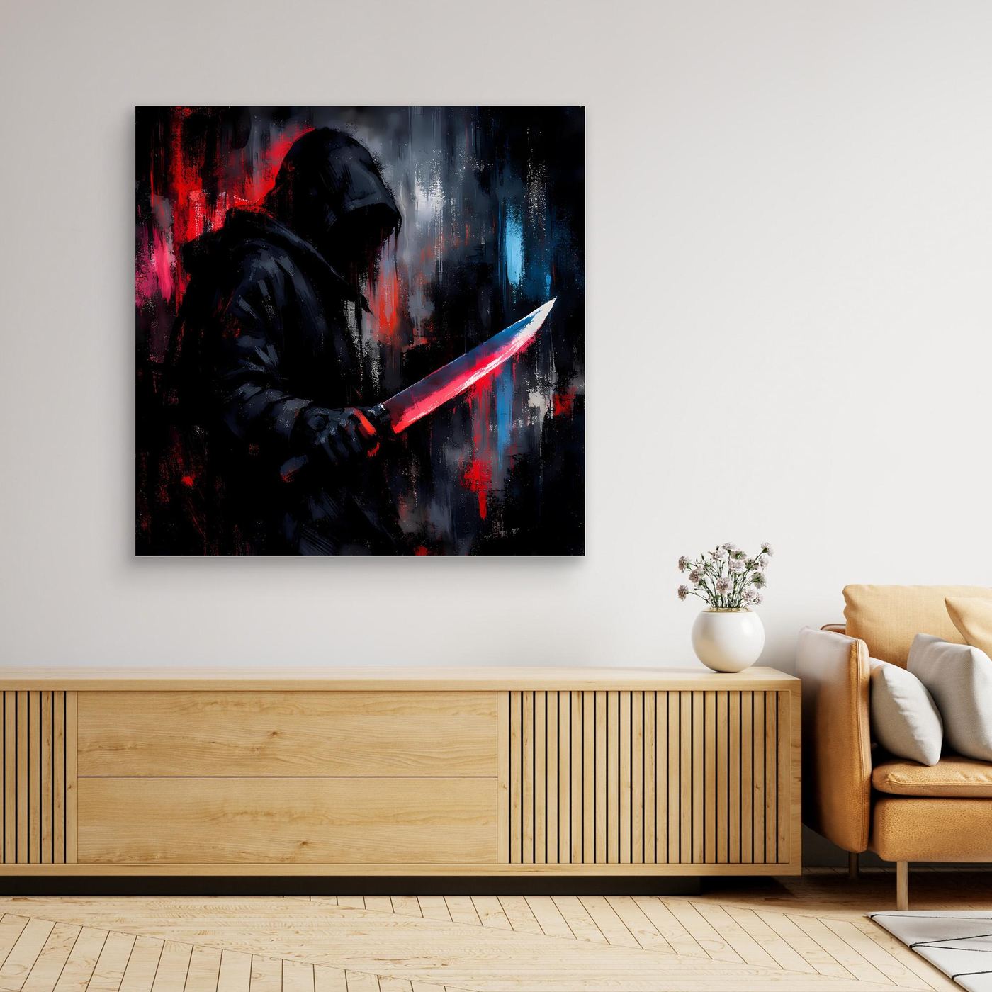 Gerahmtes Leinwand-Wandbild mit Schattenkrieger und leuchtendem Schwert in Blau/Rot
