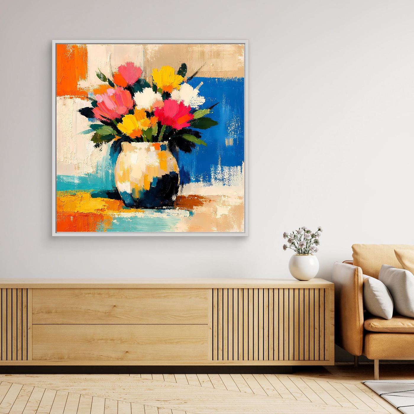 Framed canvas wall art with abstract bouquet in a white vase, colorful flowers
