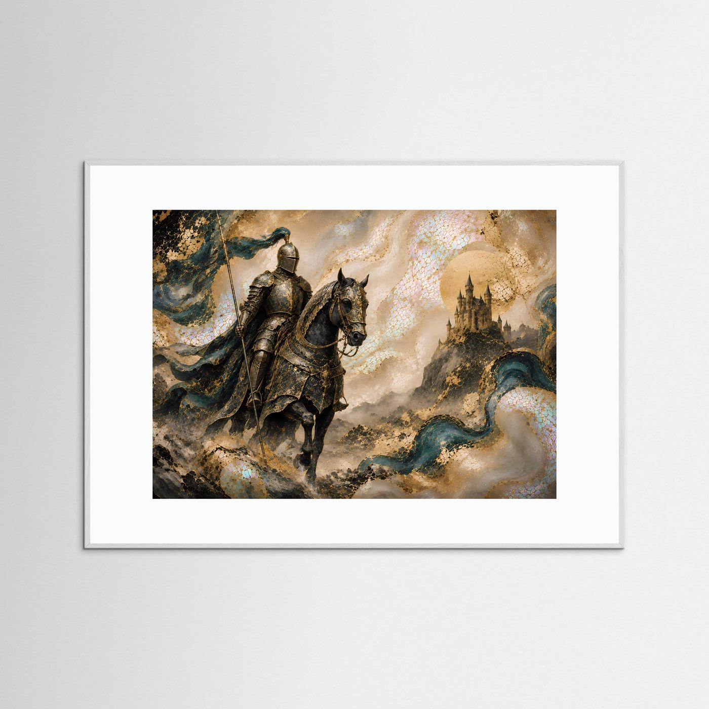 Mittelalterlicher Ritter auf Pferd | Fantasy Schloss in Gold & Petrol
