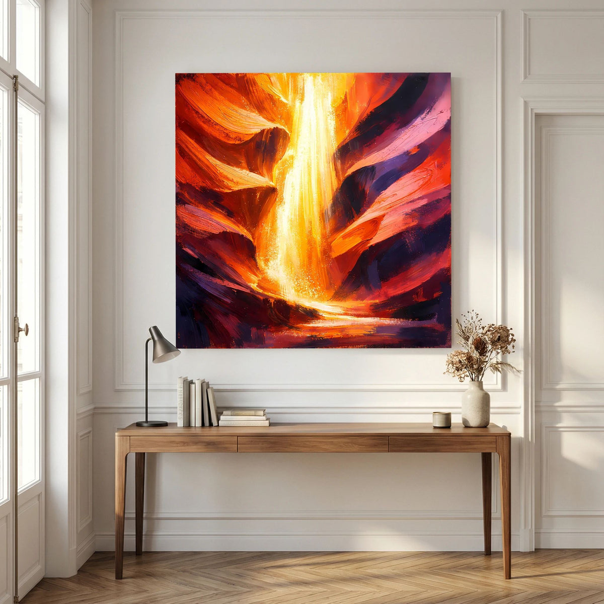 Leinwand-Wandbild: abstrakte Canyon-Optik mit hellem Strahlenband, orange, gelb und dunkel