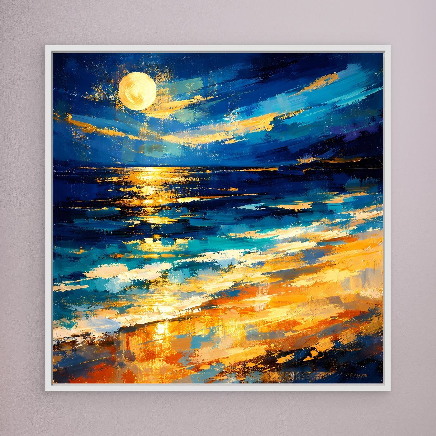 Leinwandbild: leuchtender Vollmond über abstraktem Meer, Blau-Gold, weißer Rahmen