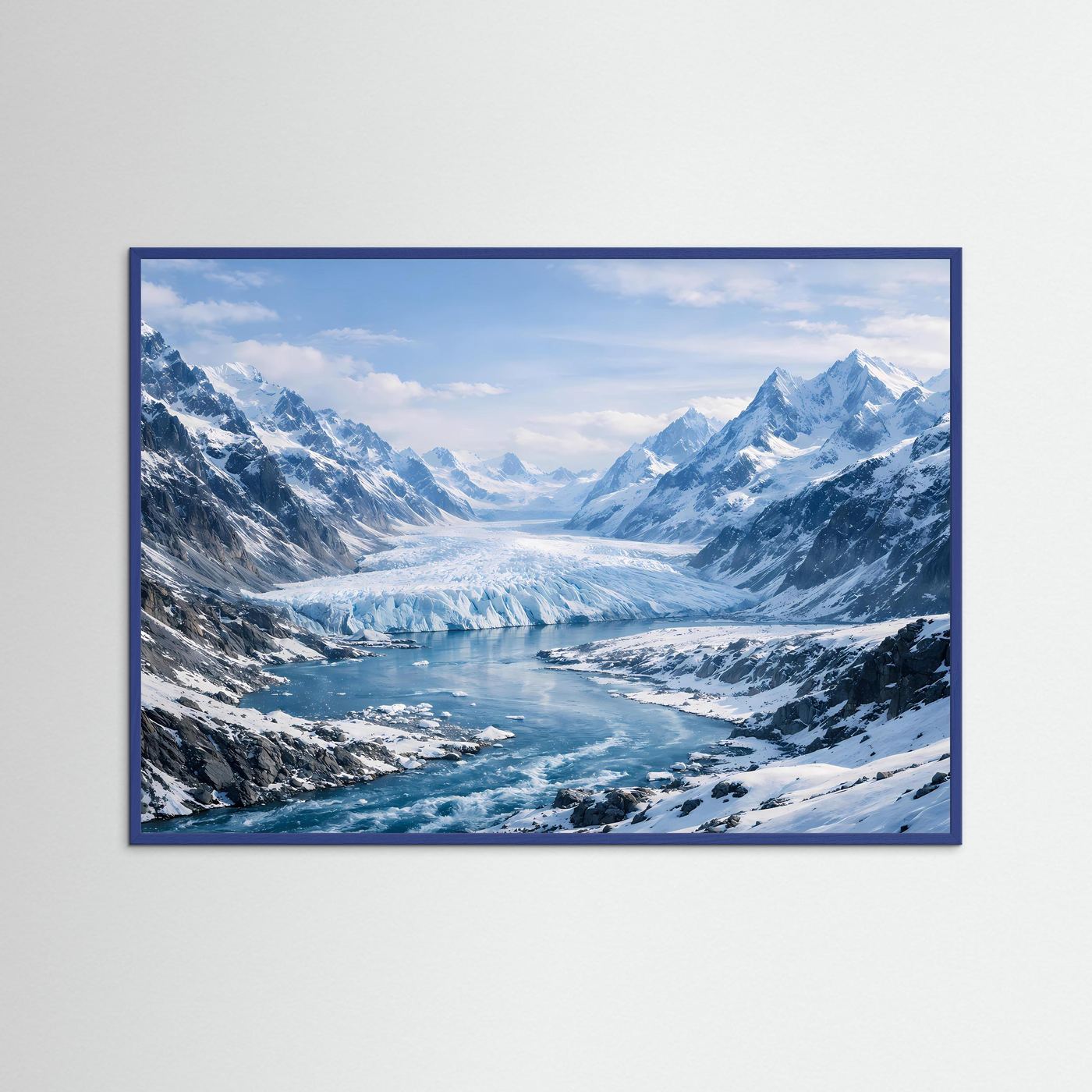 Querformatiges Poster mit Gletscherlandschaft und Bergpanorama, mit blauem Rahmen