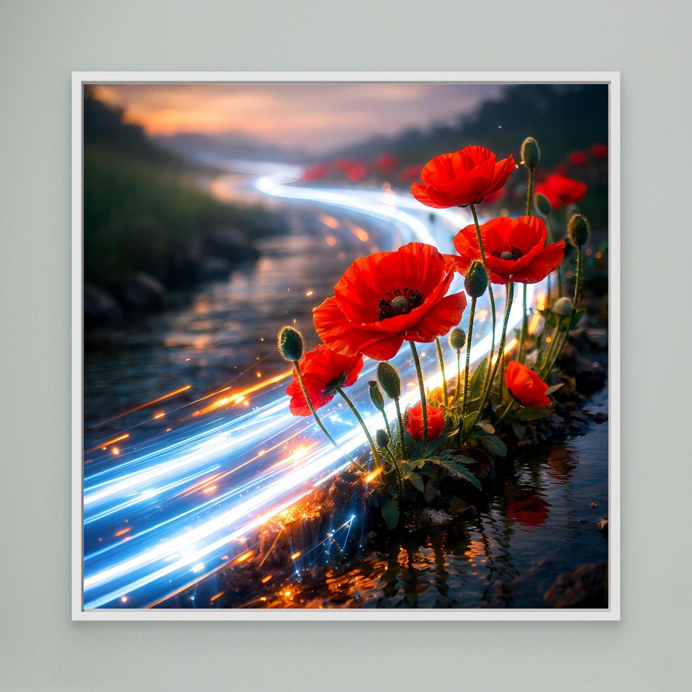 Leinwandbild mit roten Mohnblumen am Bach und Lichtspuren, weiß gerahmt