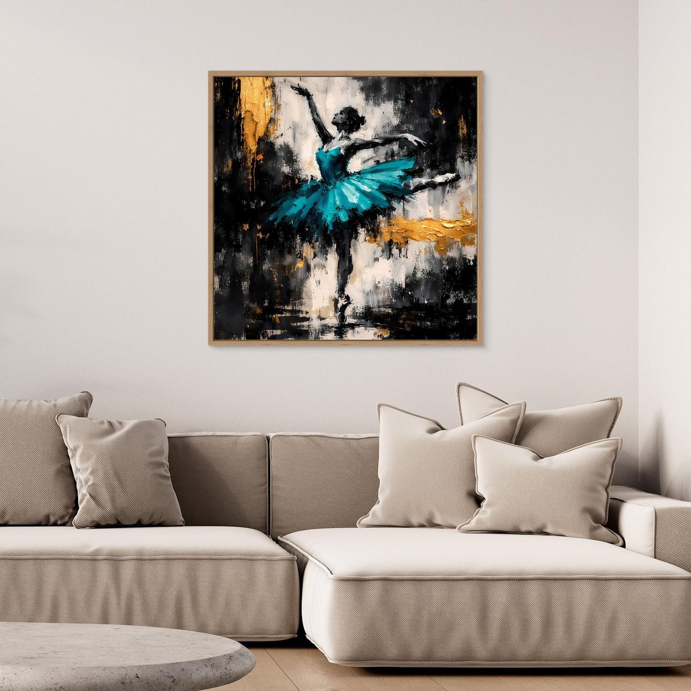 Leinwand Abstrakte Ballerina in Türkis und Gold | Modernes Ballett Wandbild mit Tanz-Motiv