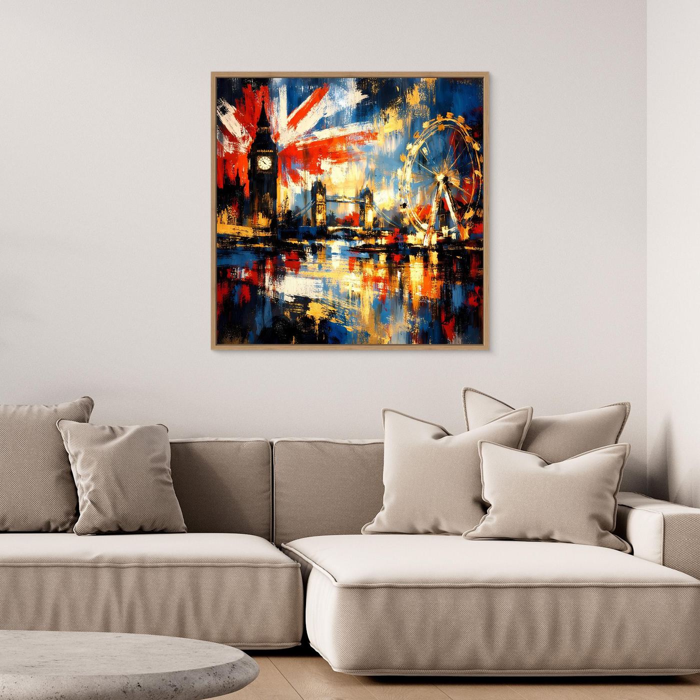 Gerahmtes abstraktes Leinwandbild mit London-Skyline, britischer Flagge und reflektiertem Wasser