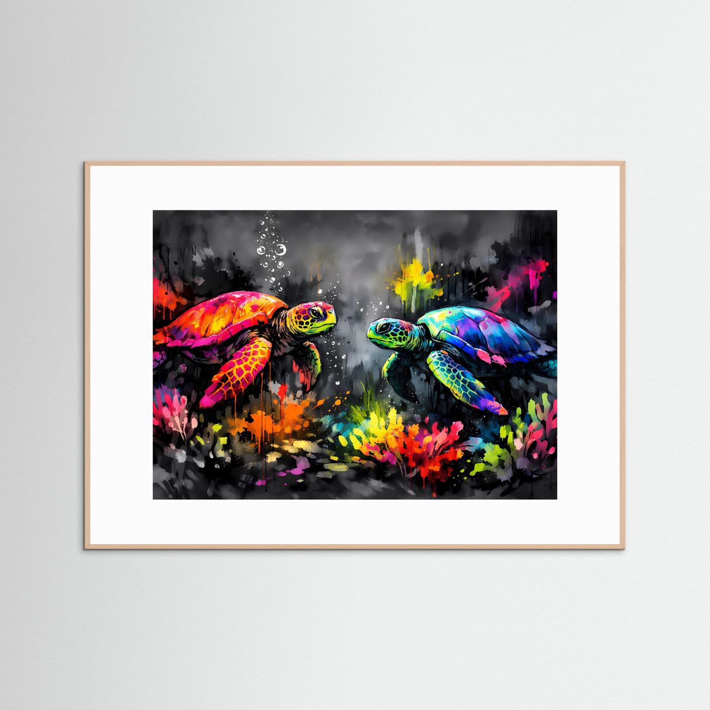 Tierposter mit farbigen Meeresschildkröten in Neon-Splash-Art, brauner Holzrahmen und weißer Rand