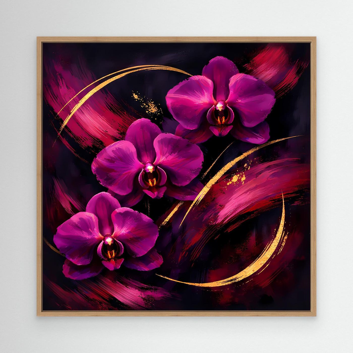 Leinwandbild mit magenta Orchideen und goldenen Bögen, heller Holzrahmen