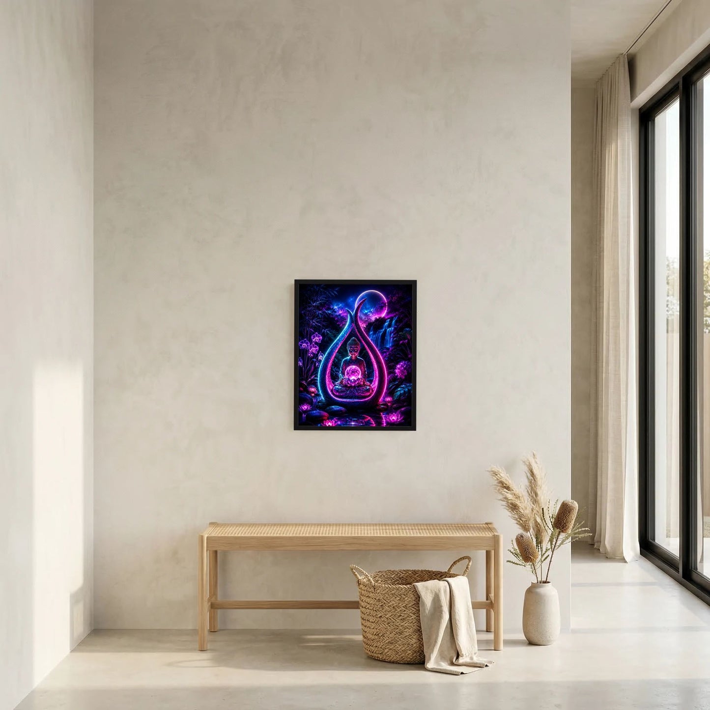 Gerahmtes Poster: Neon-Buddha im Lotus mit Mond, violett-blauer Leuchtgrafik