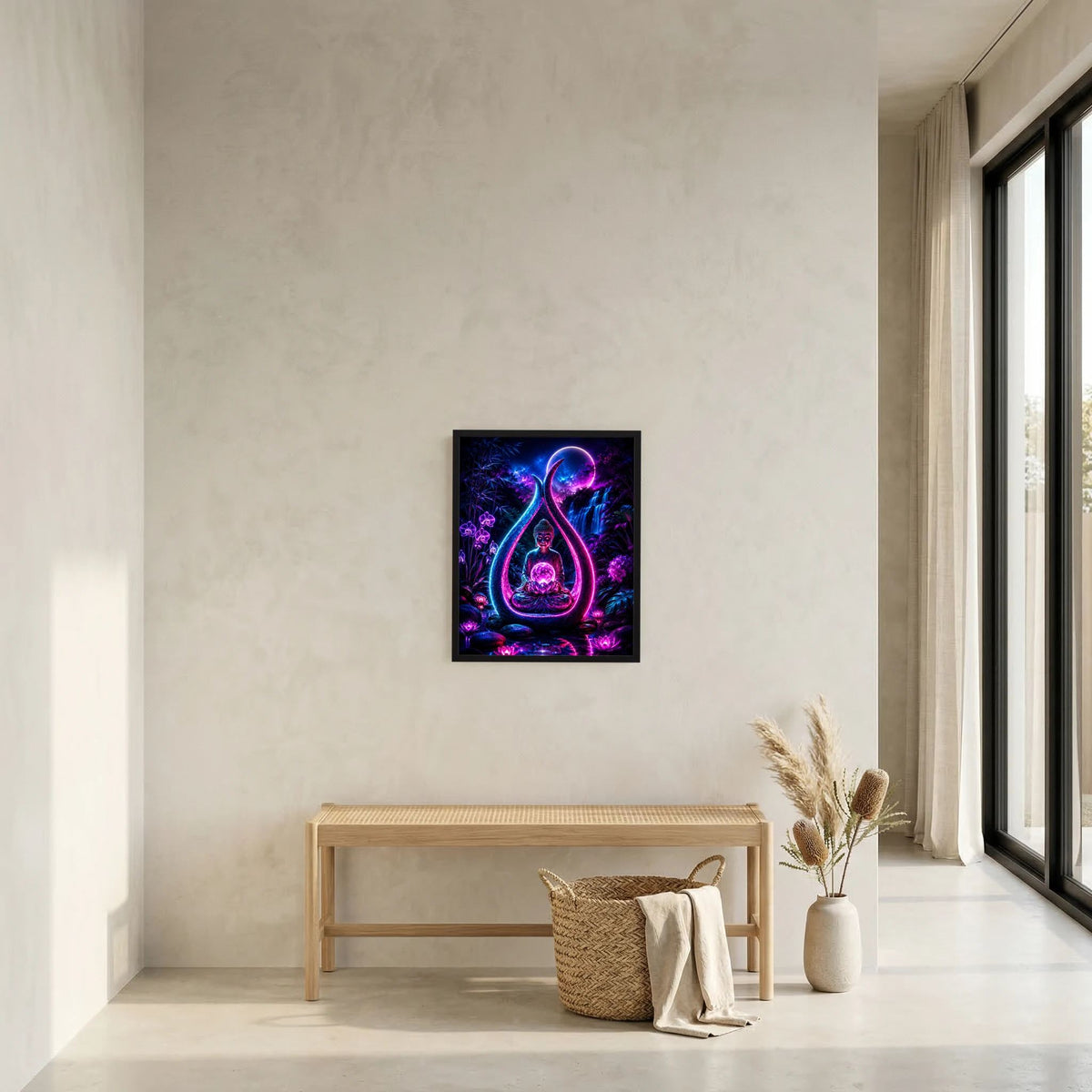 Gerahmtes Poster: Neon-Buddha im Lotus mit Mond, violett-blauer Leuchtgrafik