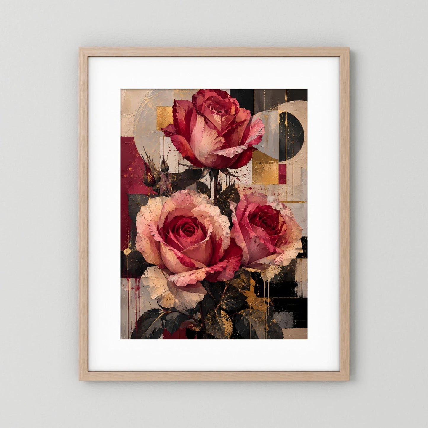 Blumenposter mit Rosen in Rot und Rosa; hellbrauner Holzrahmen mit weißem Rand, Hochformat.