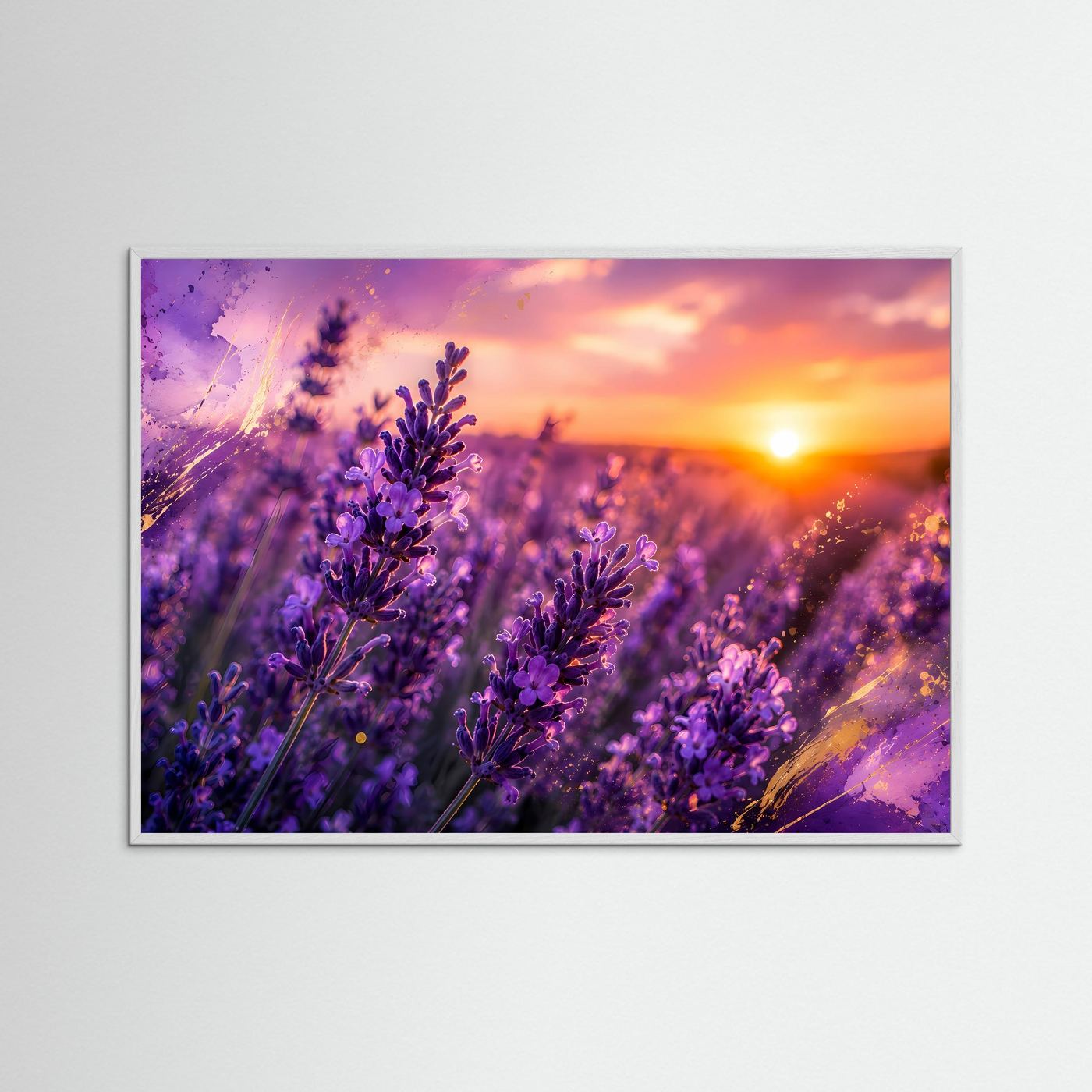 Lavendelfeld im goldenen Sonnenuntergang | Romantisches Lavendel Poster Panorama Querformat in Violett & Gold