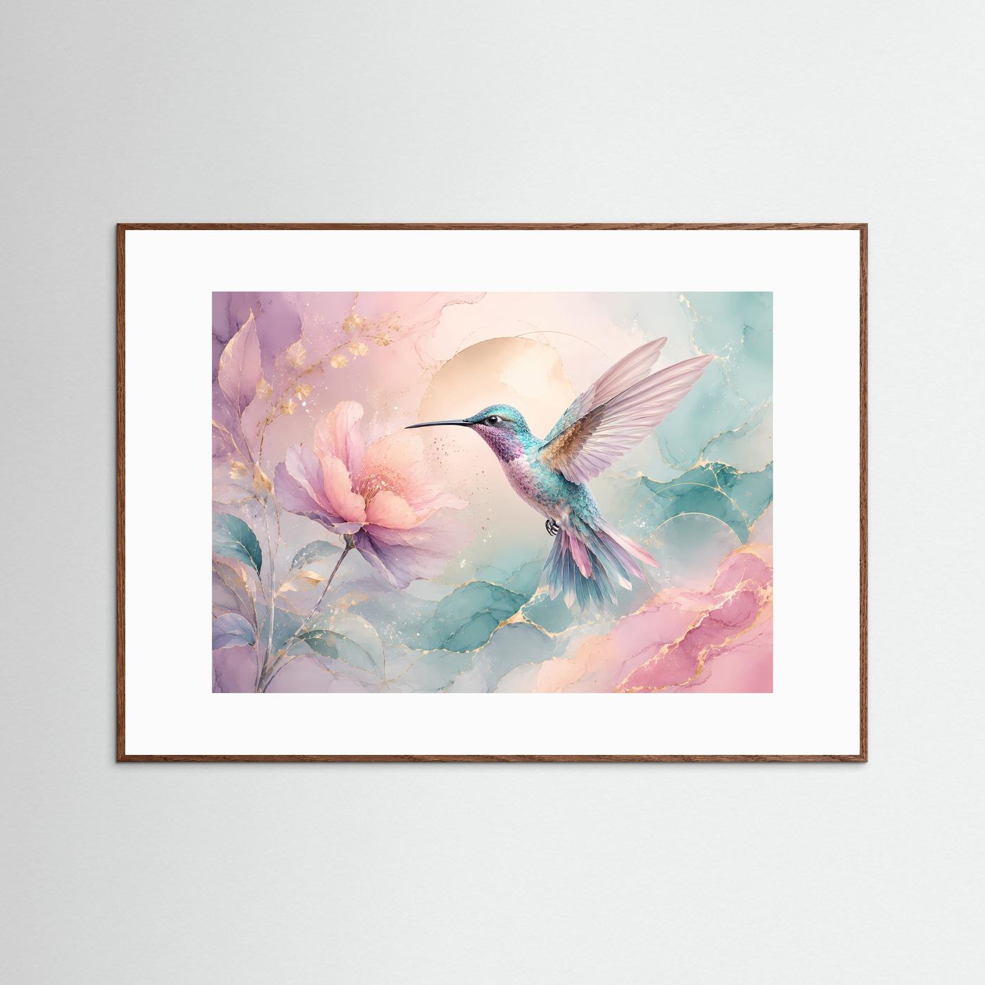 Kolibri Wandbild Pastell | Blüten Poster Rosa Türkis | Elegante Botanische Wandkunst | Moderne Leinwand mit Goldakzenten | Fine Art