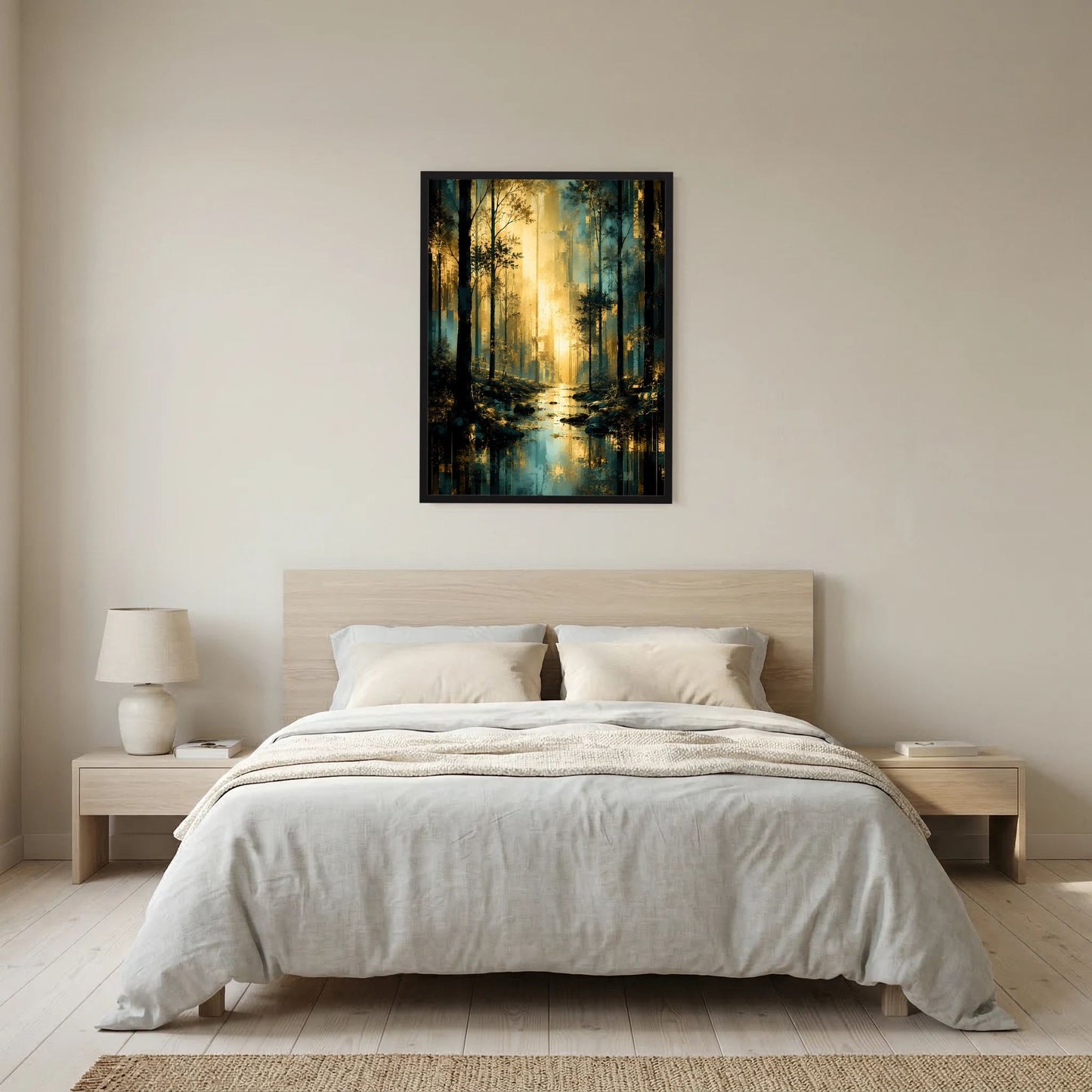 Hochformat-Poster mit Waldmotiv in Türkis und Gold, schwarzer Rahmen, rechteckig