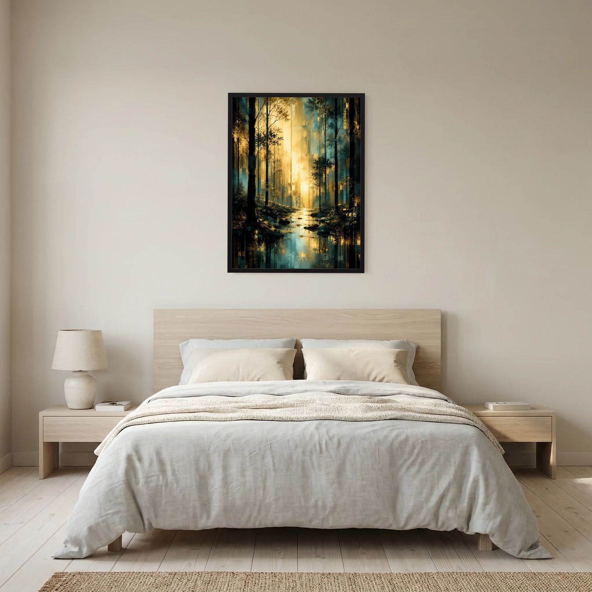 Hochformat-Poster mit Waldmotiv in Türkis und Gold, schwarzer Rahmen, rechteckig