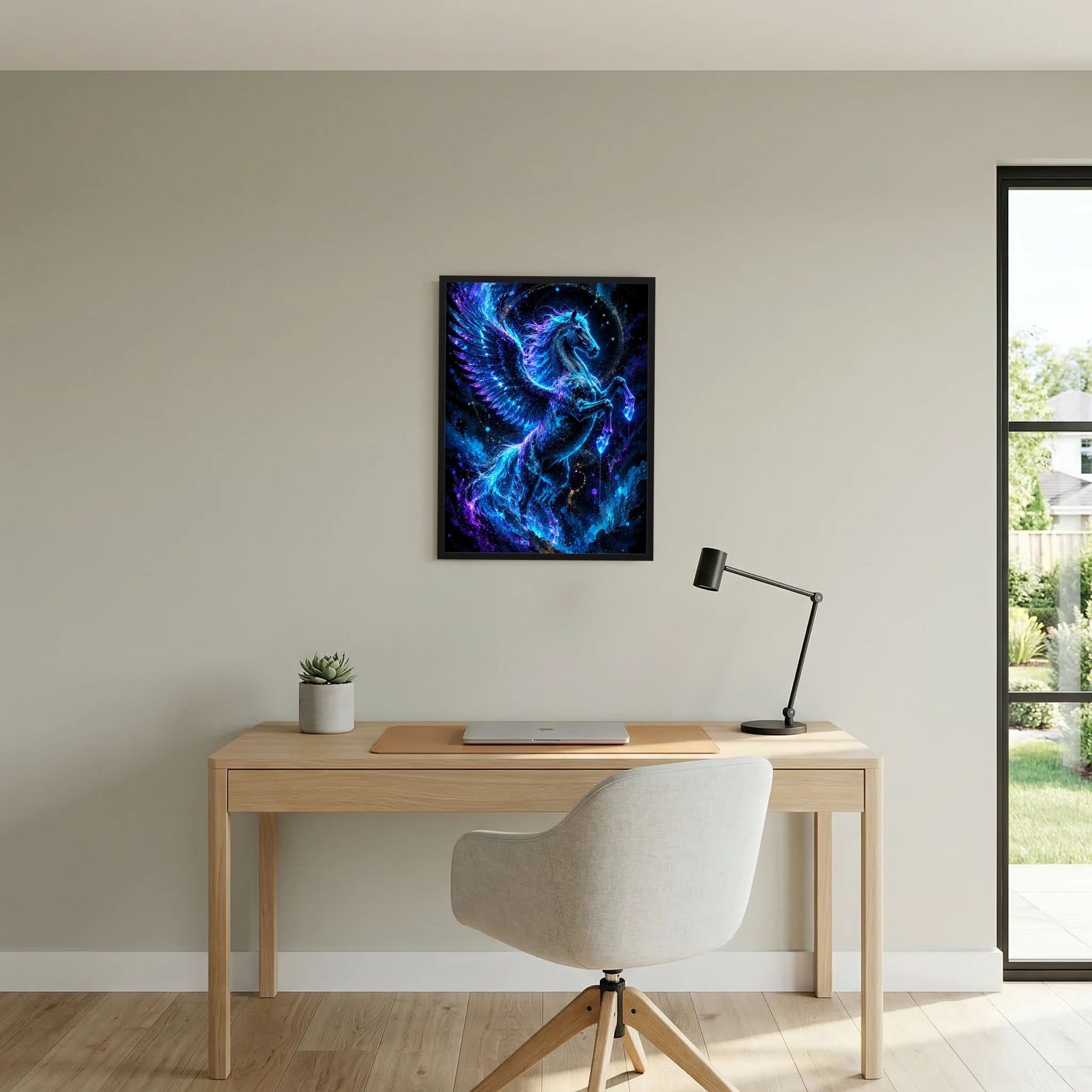 Gerahmtes Poster mit leuchtendem Pegasus im Neonblau, Sternenwirbel