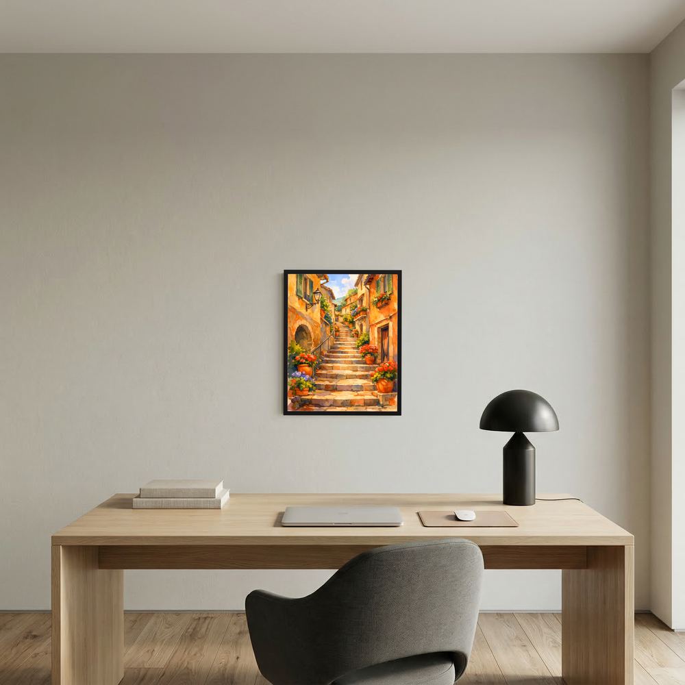 Wandbild Hochformat mit Treppengasse und Blumen in Töpfen über Holz-Schreibtisch