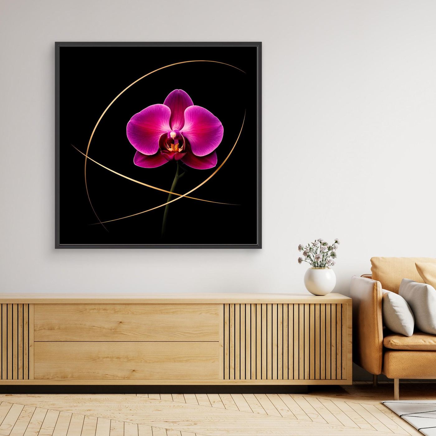 Leinwandbild mit magenta Orchideenblüte auf schwarzem Hintergrund, mit schwarzem Rahmen