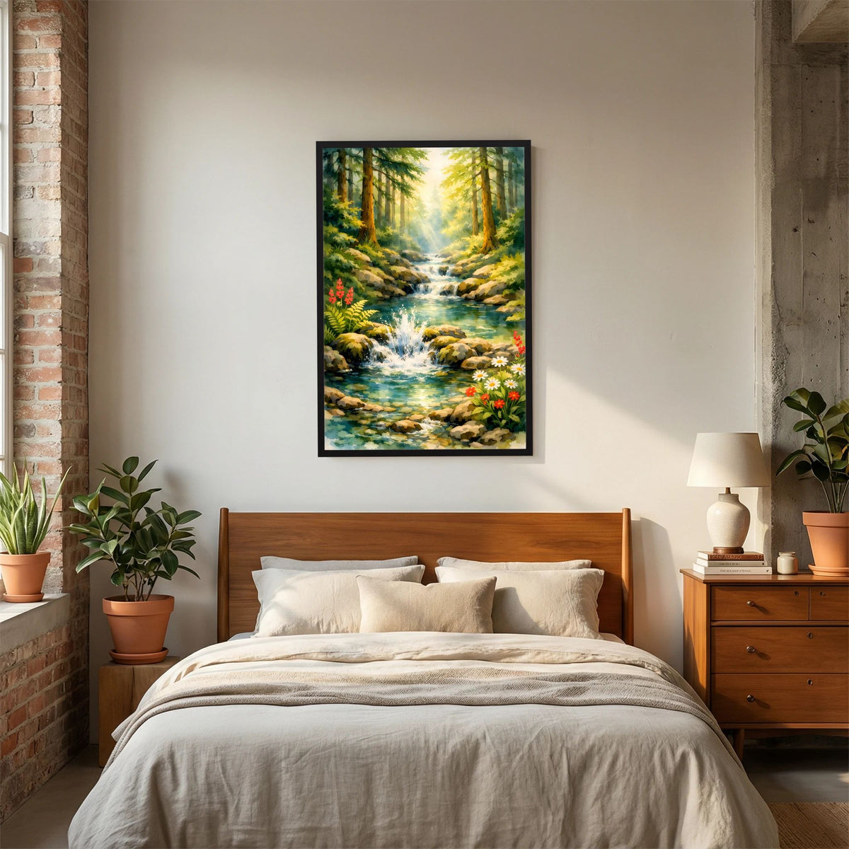 Poster mit Waldidylle und Wasserfall, schwarz gerahmt, Blumen am Bachrand