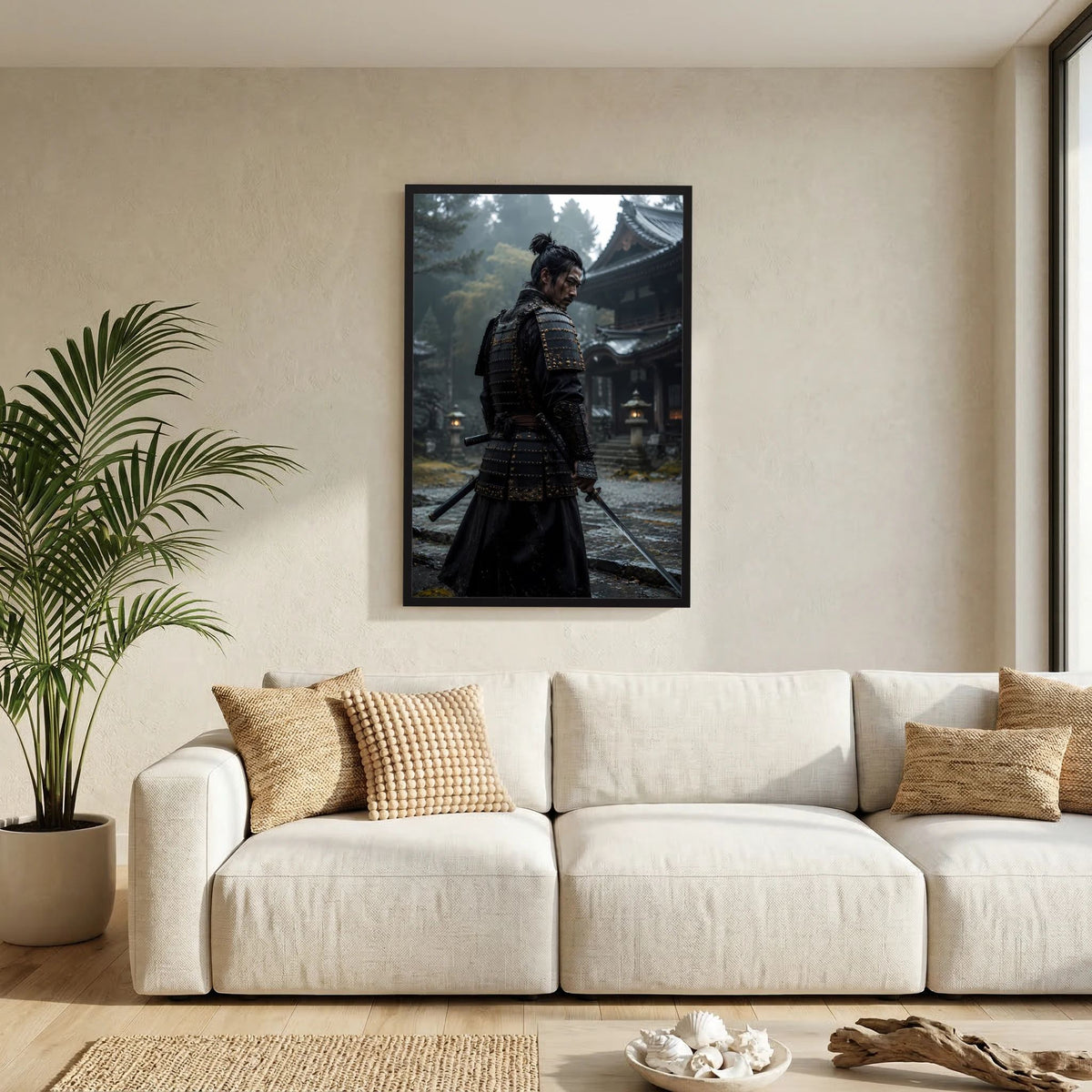 Poster mit Samurai in schwarzer Rüstung im Tempel, im schwarzen Rahmen