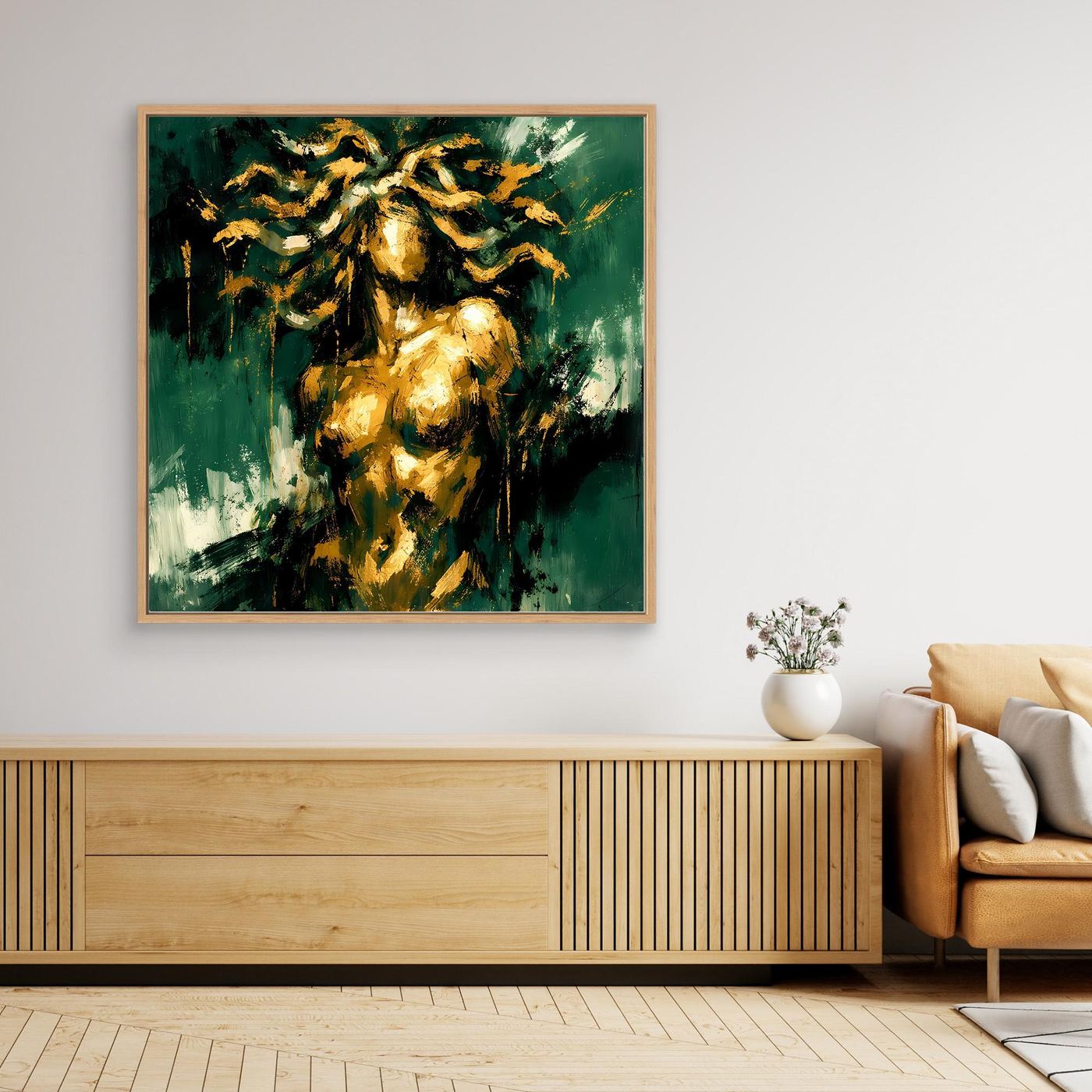 Leinwand Mystische Medusa in Smaragdgrün | Abstraktes Mythologie Wandbild Gold