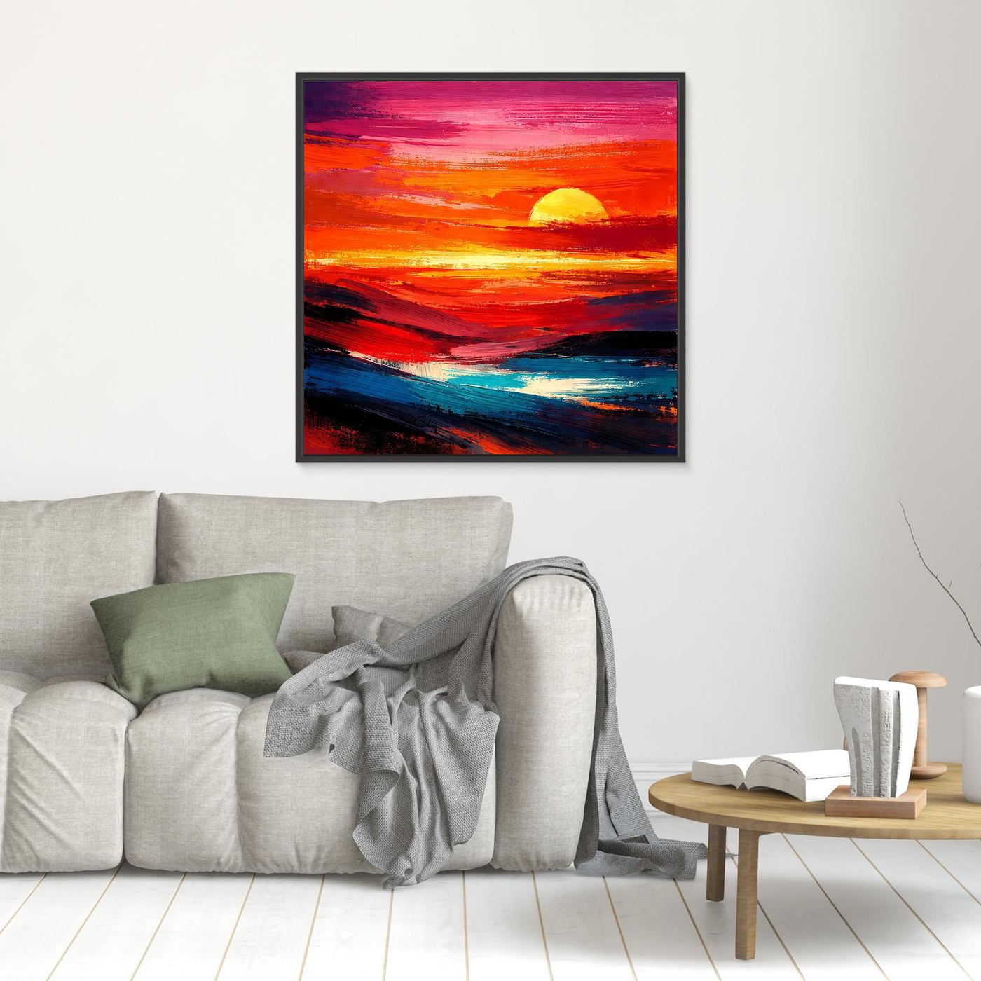 Kleines Leinwandbild mit abstraktem Sonnenuntergang und Meer, gelbe Sonne, schwarzer Rahmen