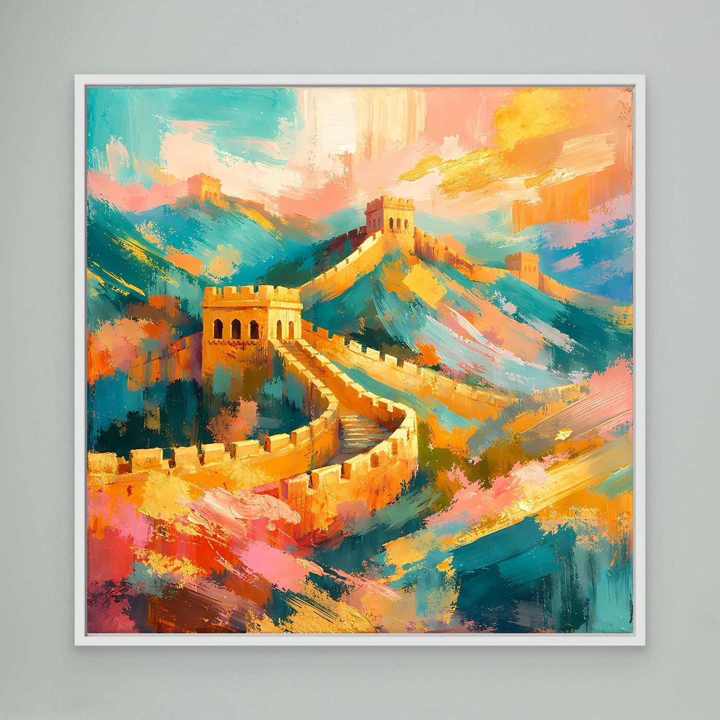 Gerahmtes Leinwandbild mit abstrakter Chinesischer-Mauer-Optik in Türkis, Gelb und Orange