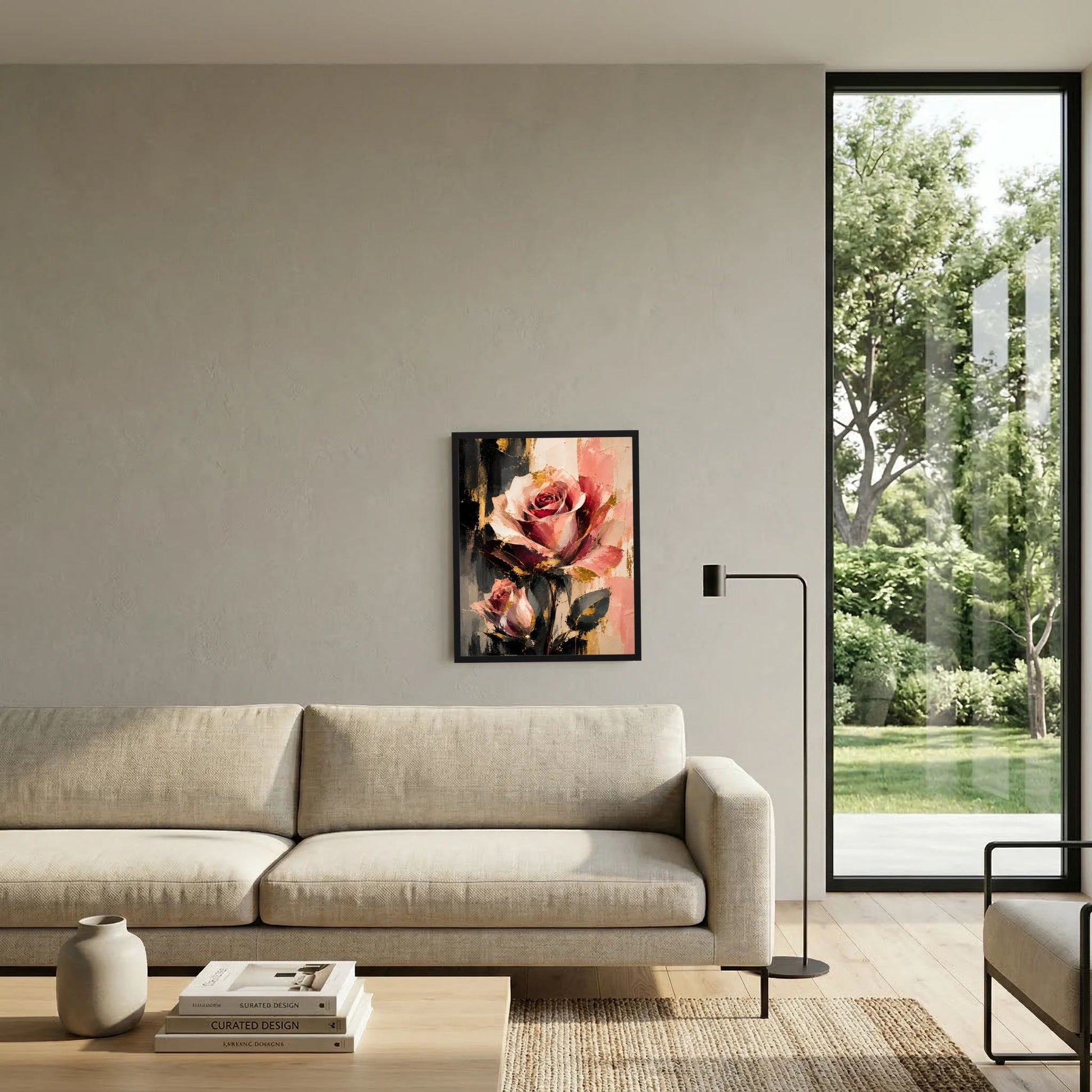 Gerahmtes abstraktes Rosenblumen-Poster mit rosafarbenen Blüten und Goldakzenten