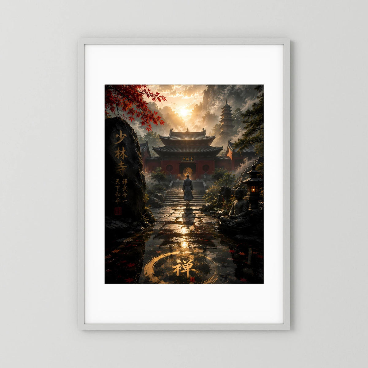 Vertikales Tempel-Poster mit weißem Rahmen und Rand: Mönch vor Buddha, goldene Schrift im Kreis