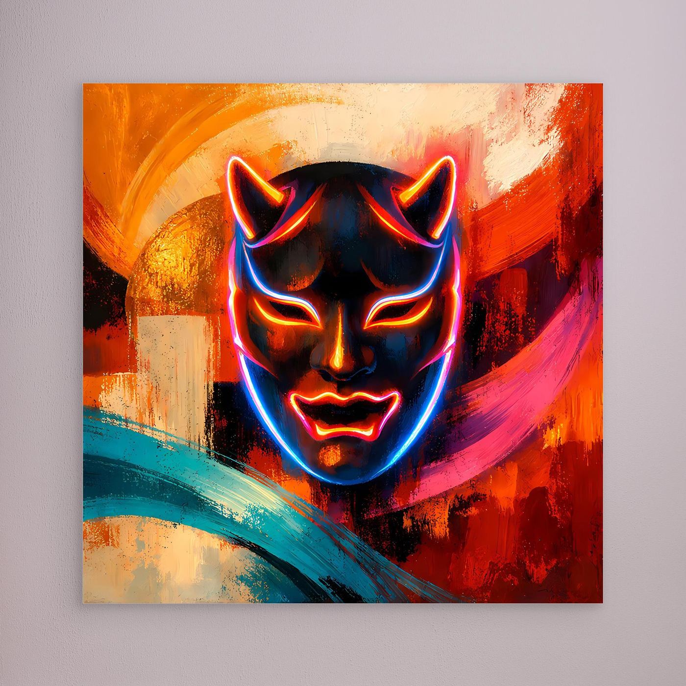 Leinwandbild mit leuchtender Oni-Maske im Neon-Look, ohne sichtbaren Rahmen