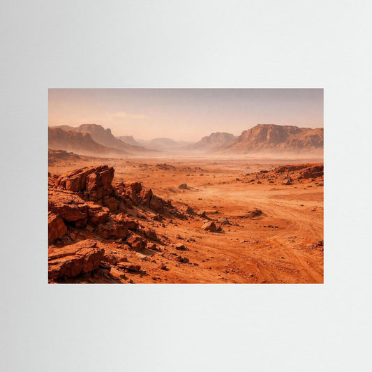 Panorama-Poster im Querformat mit roter Wüstenlandschaft und Nebel über Canyons