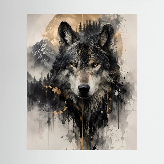 Wolfsposter im Hochformat mit schwarzem Wolfsgesicht und goldenen Akzenten, mittig