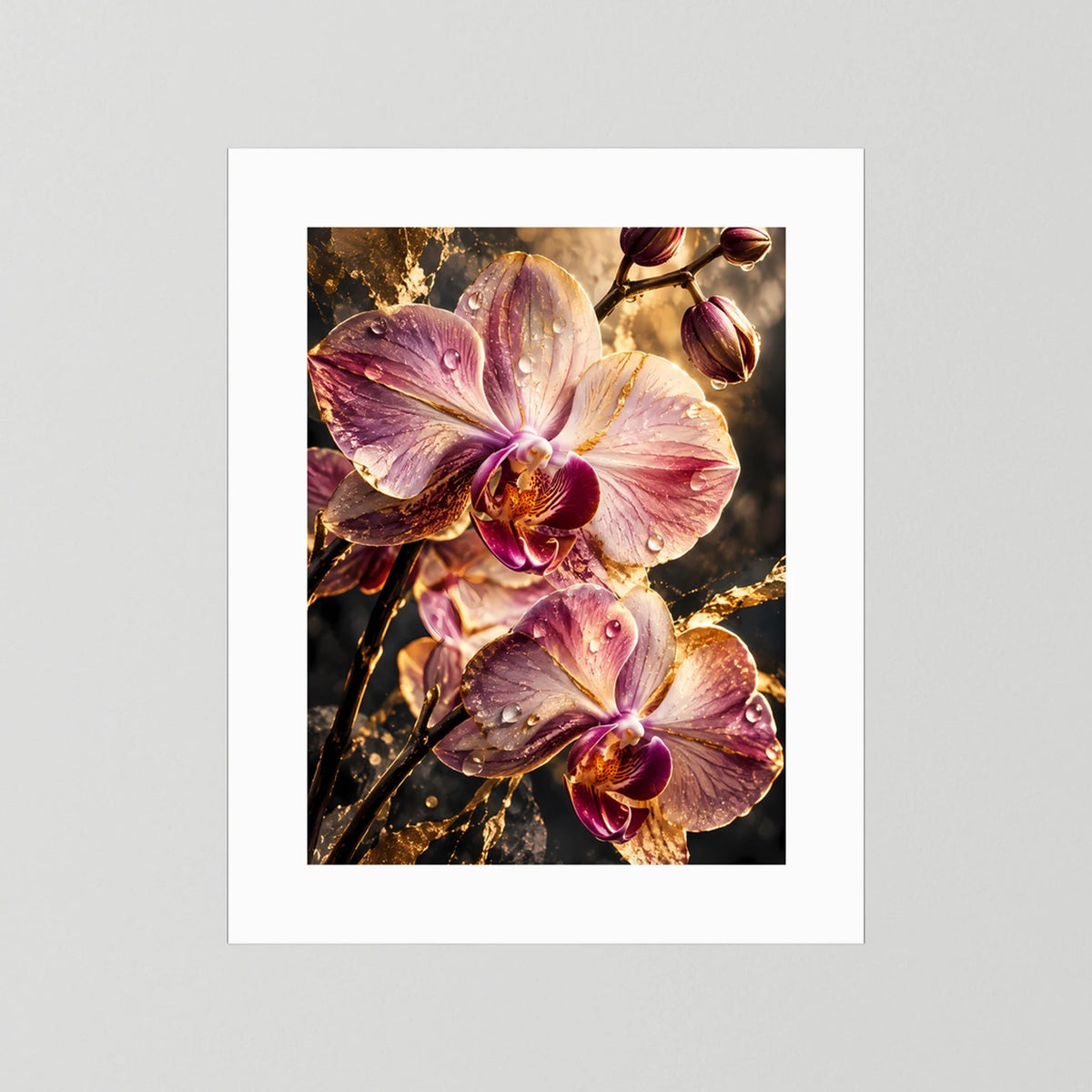 Hochformatiges Poster mit rosa Orchideenblüten und Wassertropfen, mit weißem Rand