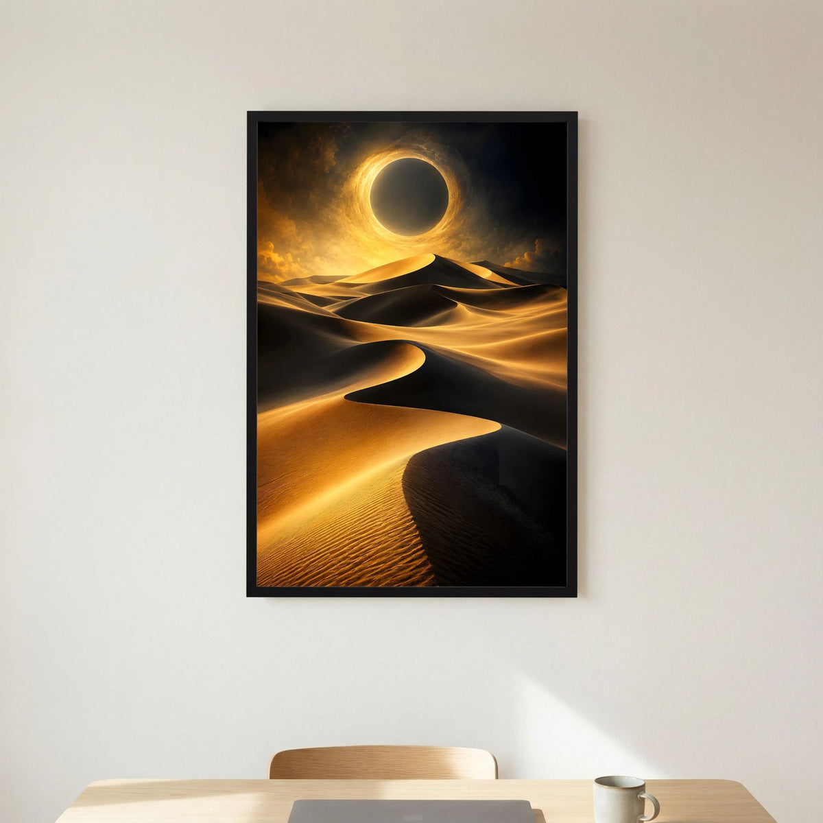 Kunstposter im Hochformat: Sonnenfinsternis über goldenen Dünen, schwarzer Rahmen