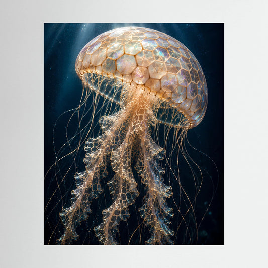 Poster im Hochformat mit leuchtender Qualle, perlmuttschimmerndes Gold und feine Tentakel