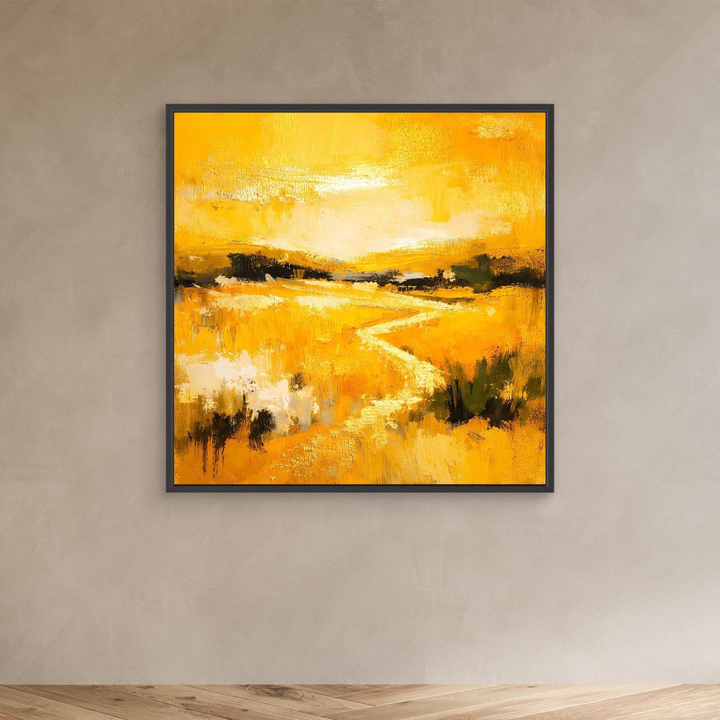 Leinwand Abstraktes Landschaftsgemälde in Gelb und Gold | Modernes Natur Wandbild mit Fluss
