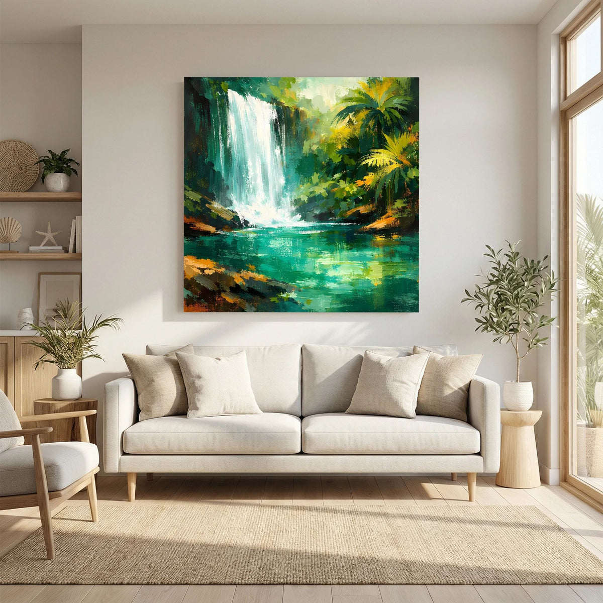 Leinwand-Wandbild mit Wasserfall, tropischem Dschungelgrün und gelben Palmen, abstrakt
