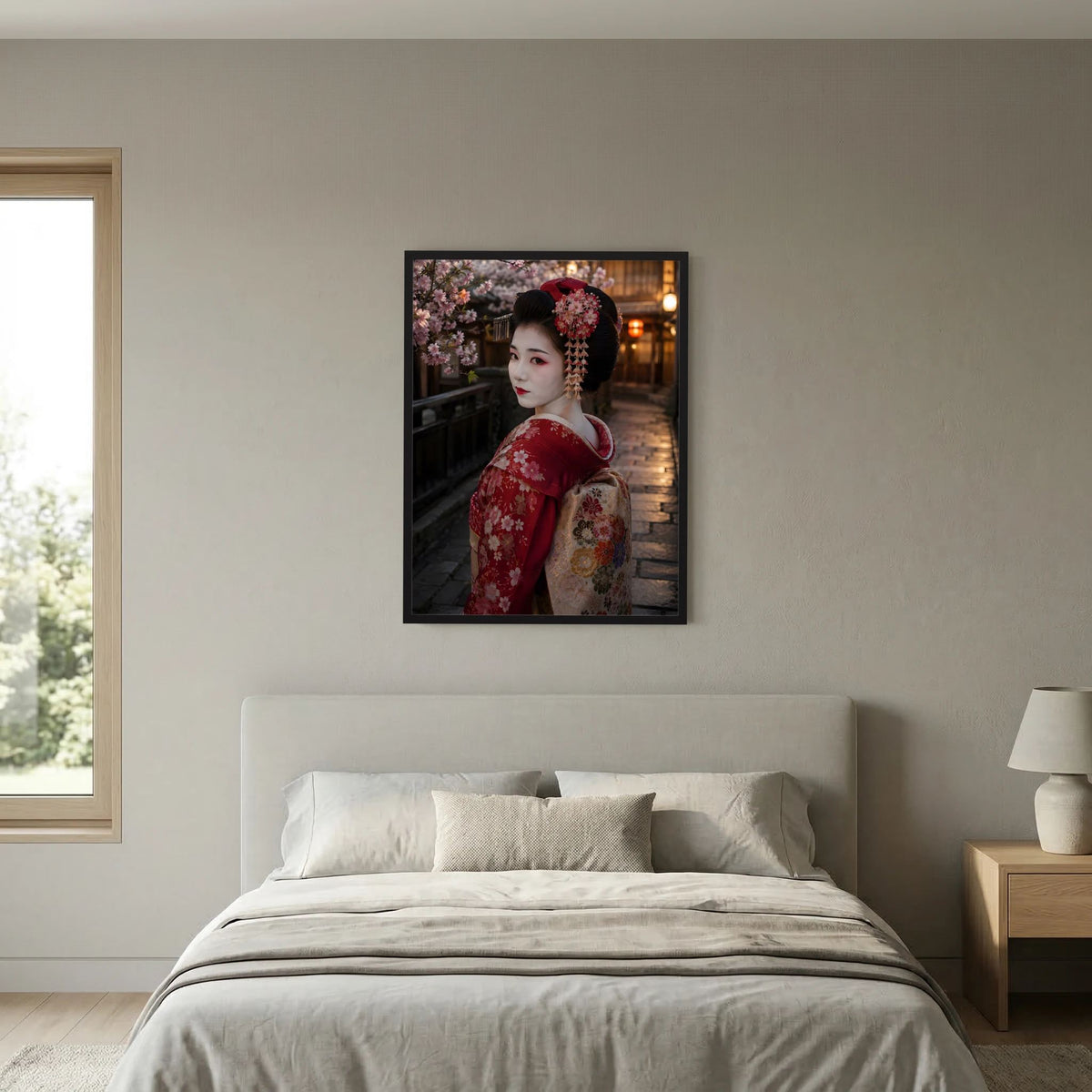 Poster mit japanischer Geisha im roten Kimono und Kirschblüten, Blick nach links
